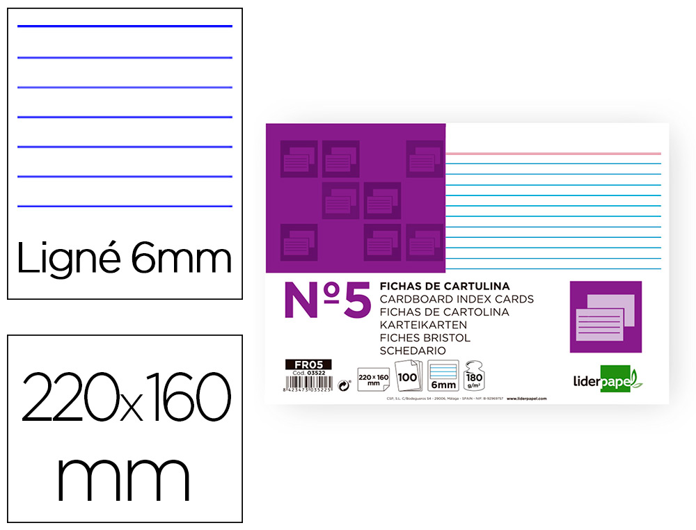 FICHA LIDERPAPEL RAYADA Nº5 160X220 MM 180GR PAQUETE DE 100 UNIDADES