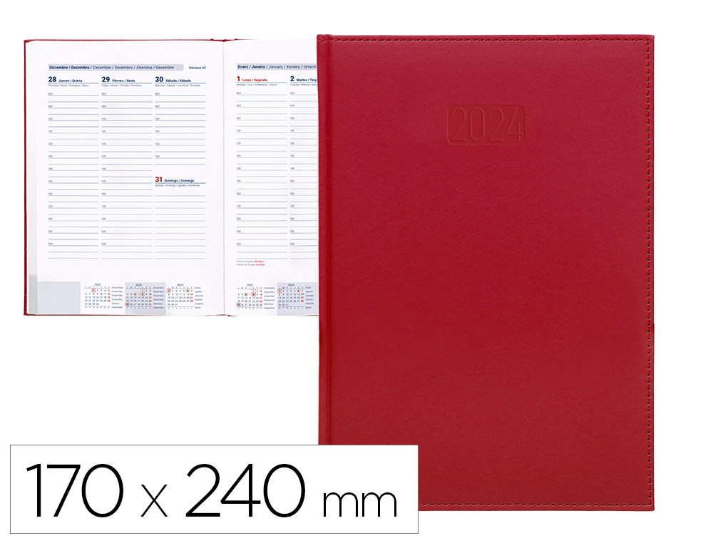 AGENDA ENCUADERNADA LIDERPAPEL CRETA 17X24 CM 2024 SEMANA VISTA COLOR ROJO PAPEL 70 GR