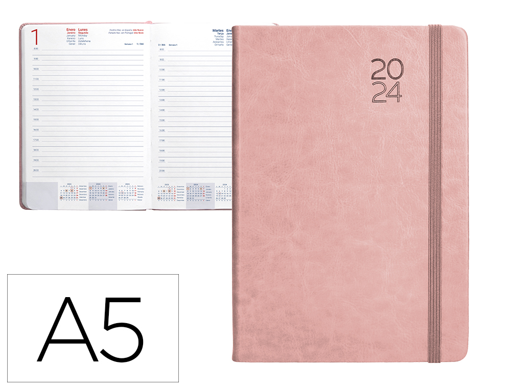 AGENDA ENCUADERNADA LIDERPAPEL MYKONOS 15X21 CM 2024 DIA PAGINA COLOR ROSA PAPEL 70 GR