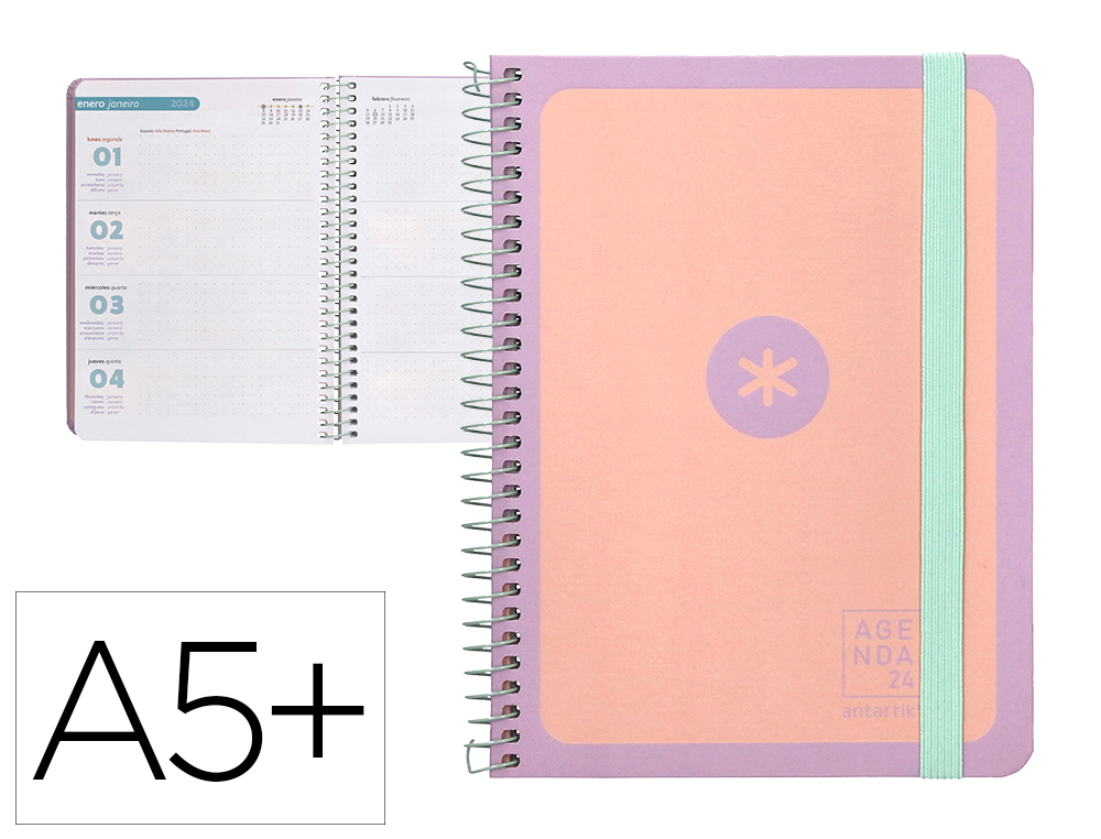 AGENDA DE OFICINA ANTARTIK A5+ 2024 SEMANA VISTA 80 GR CON SOBRE Y 3 HOJAS PEGATINAS PEACH 165X215 MM