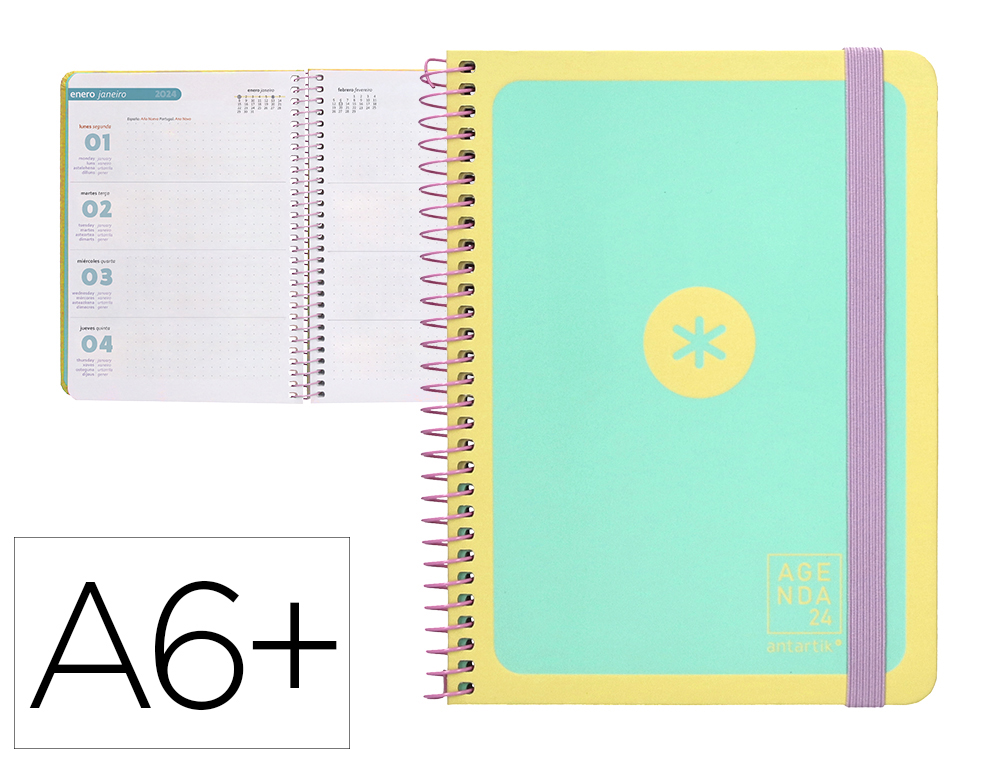 AGENDA DE OFICINA ANTARTIK A6+ 2024 SEMANA VISTA 80 GR CON SOBRE Y 3 HOJAS PEGATINAS MINT130X175 MM