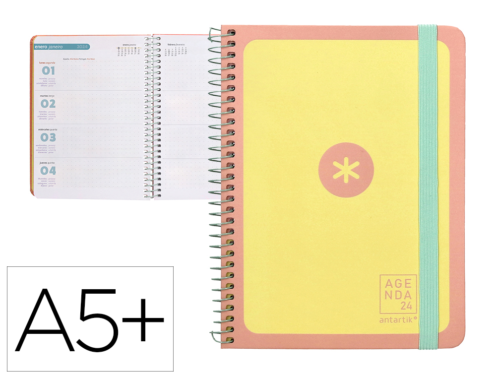 AGENDA DE OFICINA ANTARTIK A5+ 2024 SEMANA VISTA 80 GR CON SOBRE Y 3 HOJAS COLOR YELLOW 165X215 MM