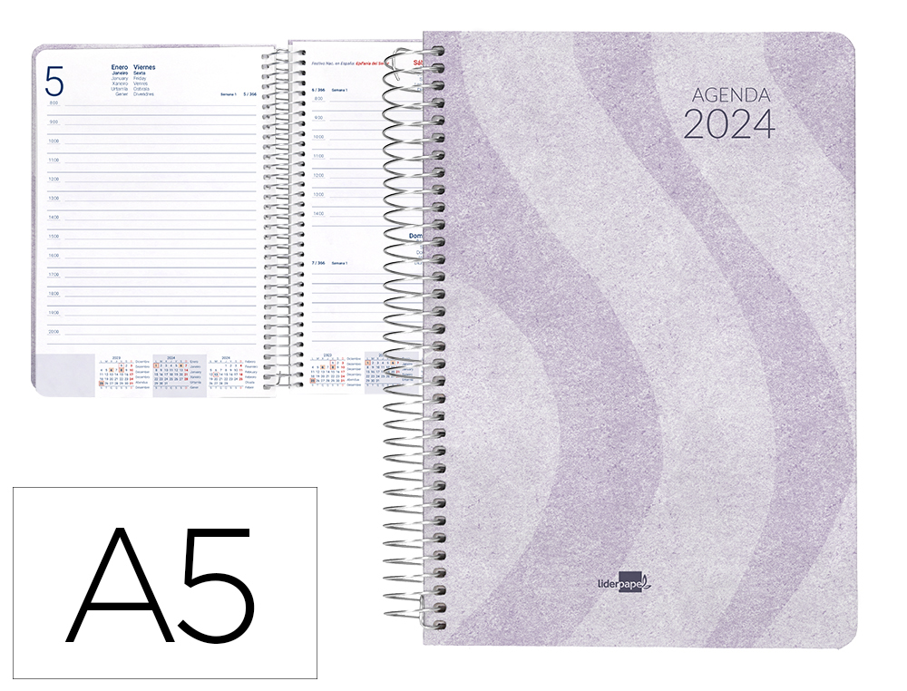 AGENDA ESPIRAL LIDERPAPEL SYROS 15X21 CM 2024 DIA PAGINA SIMPLE ESPIRAL COLOR MALVA PAPEL 60 GR