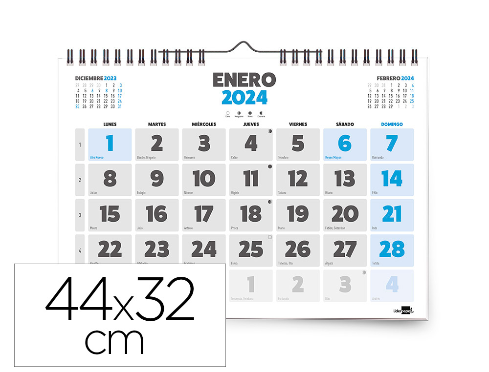 CALENDARIO ESPIRAL PARED LIDERPAPEL CLASICO 2024 NUMEROS GRANDES 44X32 CM PAPEL 70 GR