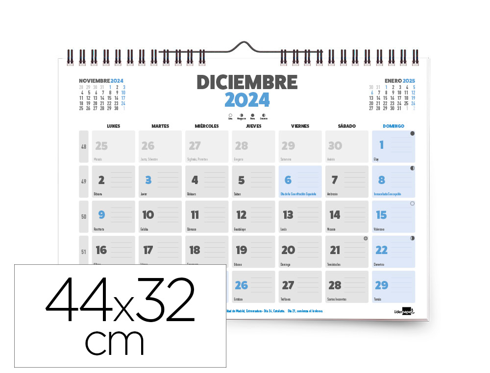 CALENDARIO ESPIRAL PARED LIDERPAPEL CLASICO 2024 PARA ESCRIBIR 44X32 CM PAPEL 70 GR