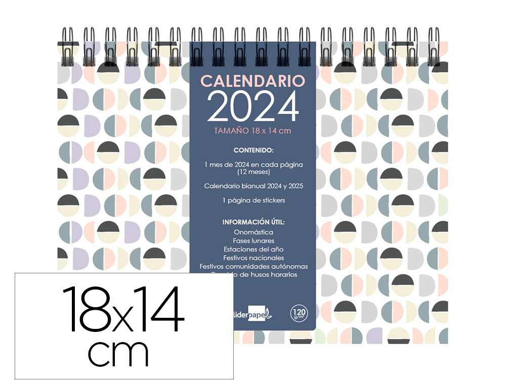 CALENDARIO ESPIRAL TRIANGULAR LIDERPAPEL DE SOBREMESA SERIE JOVEN 2024 18X14 CM PAPEL 120 GR CON PEGATINAS
