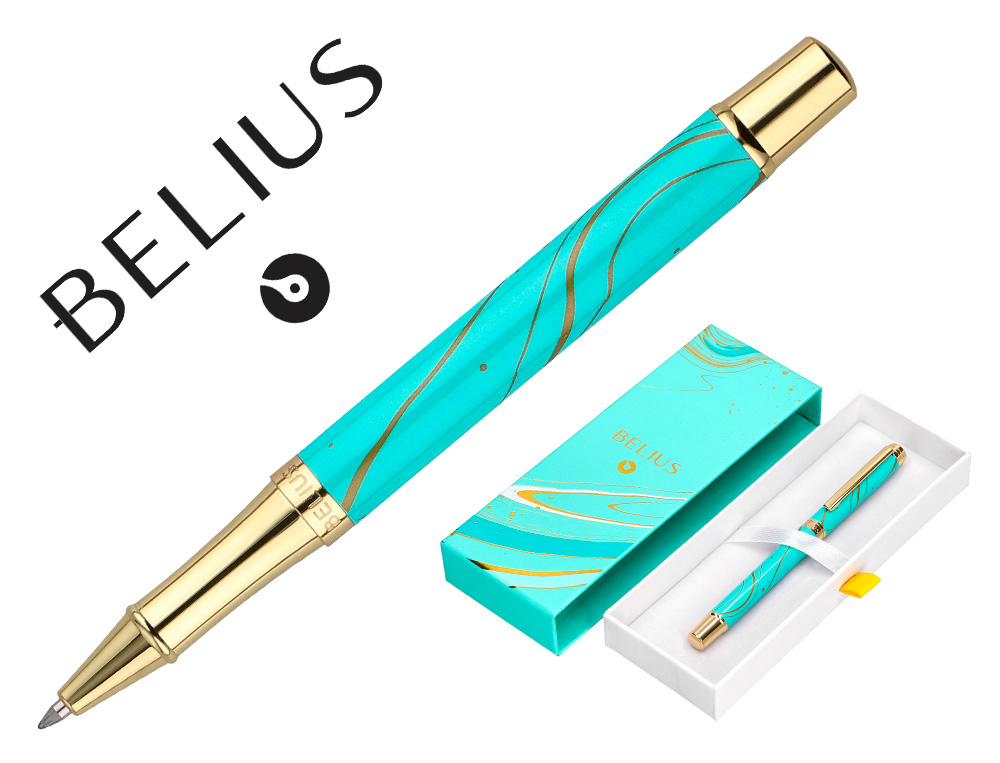 ROLLER BELIUS AQUA ALUMINIO COLOR TURQUESA Y DORADO TINTA NEGRA CAJA DE DISEO