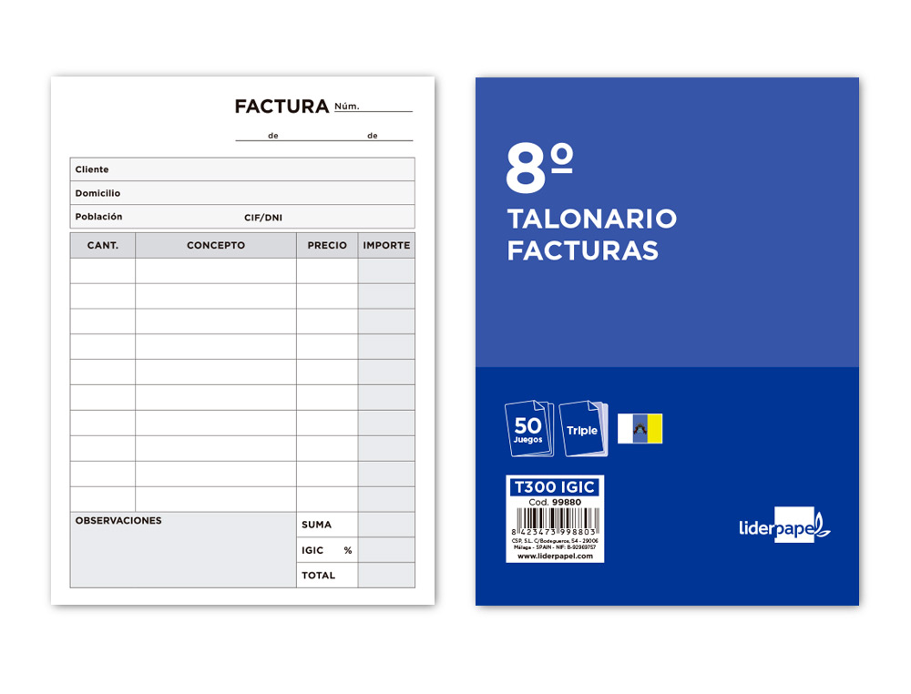 TALONARIO LIDERPAPEL FACTURAS 8 ORIGINAL Y 2 COPIAS T300 CON I.G.I.C.