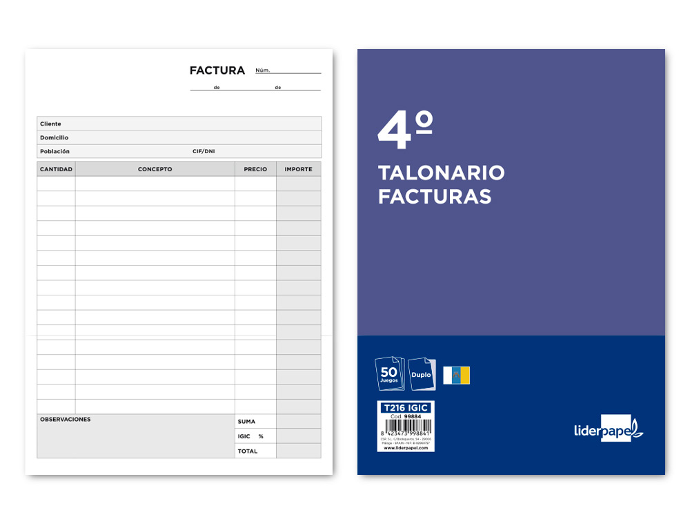 TALONARIO LIDERPAPEL FACTURAS CUARTO ORIGINAL Y COPIA T216 CON I.G.I.C.