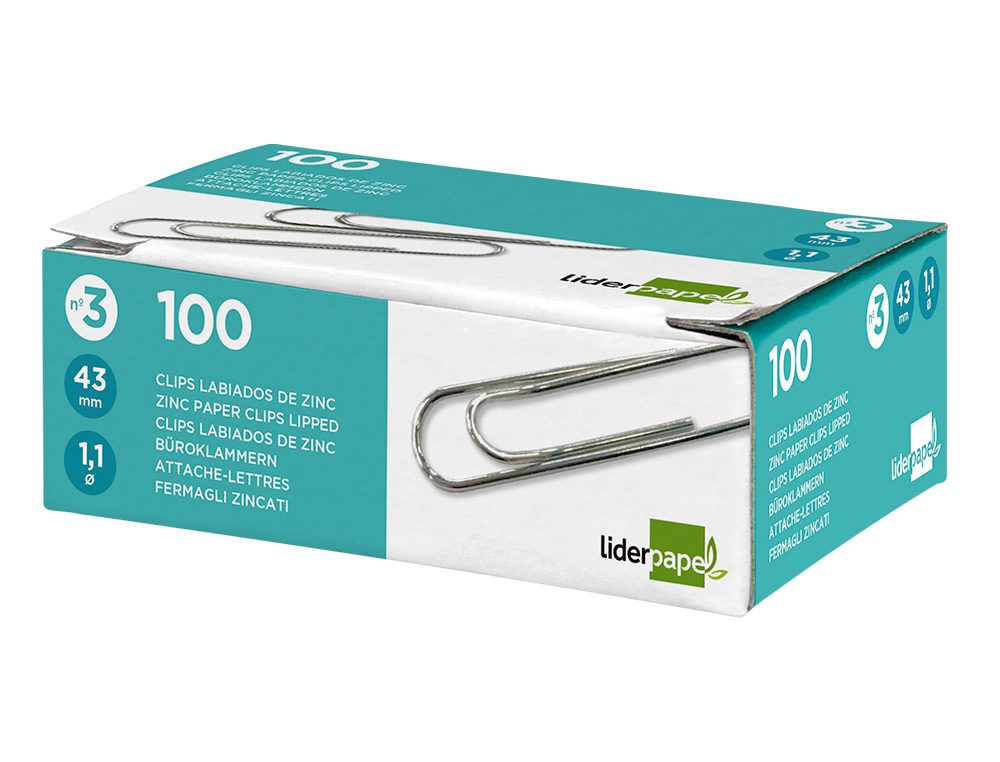 CLIPS LIDERPAPEL N3 LABIADOS 43 MM CAJA DE 100 UNIDADES