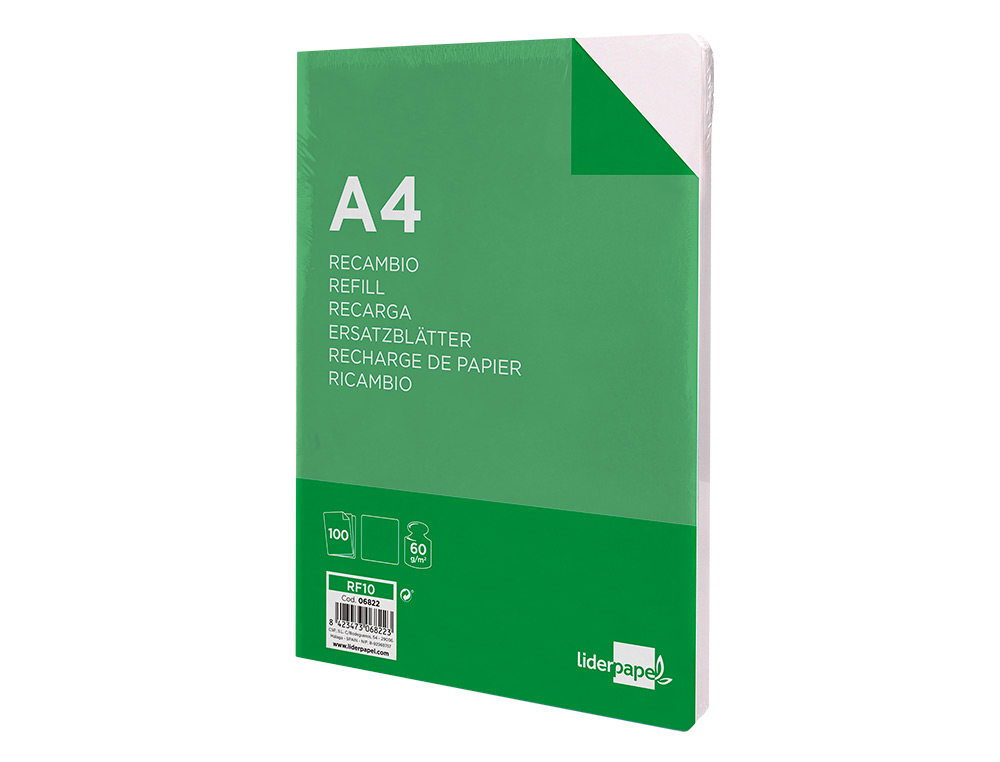 RECAMBIO LIDERPAPEL A4 100 HOJAS 60G/M2 LISO SIN MARGEN 4 TALADROS