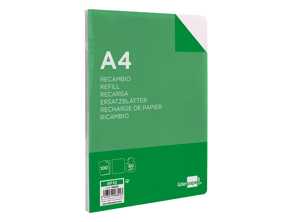 RECAMBIO LIDERPAPEL A4 100 HOJAS 60G/M2 LISO SIN MARGEN 4 TALADROS