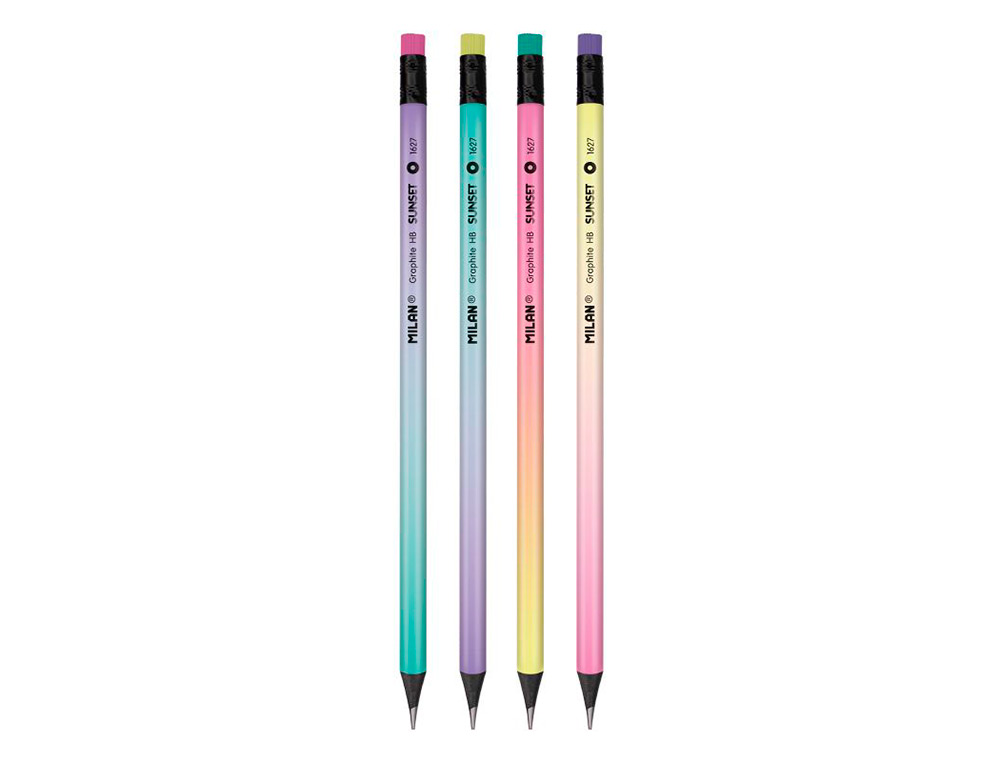 LAPICES DE GRAFITO MILAN SUNSET HB MADERA NEGRA DE TILO CON GOMA DE BORRAR COLORES SURTIDOS