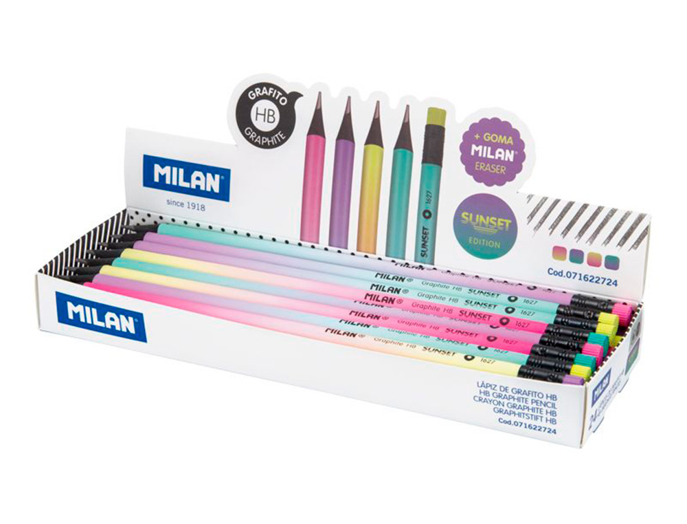 LAPICES DE GRAFITO MILAN SUNSET HB MADERA NEGRA DE TILO CON GOMA DE BORRAR COLORES SURTIDOS