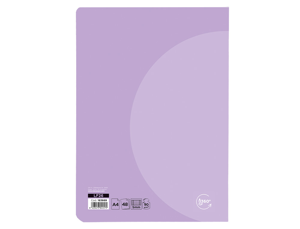LIBRETA LIDERPAPEL 360 TAPA DE PLASTICO A4 48 HOJAS 90G/M2 CUADRO 5MM CON DOBLE MARGEN COLORES PASTEL