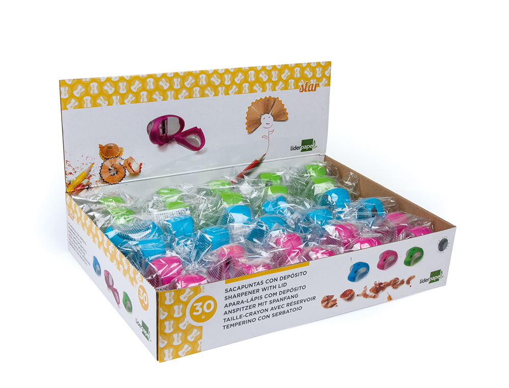 SACAPUNTAS LIDERPAPEL STAR PLASTICO 1 USO CON DEPOSITO COLORES SURTIDOS
