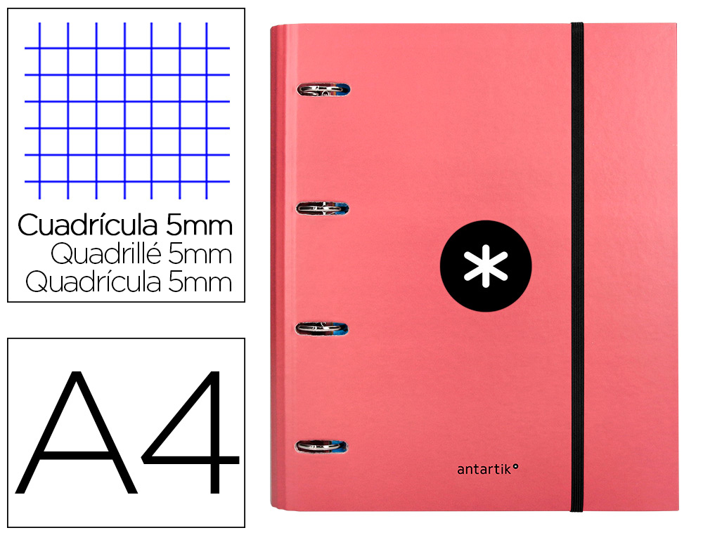 CARPETA CON RECAMBIO LIDERPAPEL ANTARTIK A4 CUADRO 5MM FORRADA 4 ANILLAS 40MM REDONDAS COLOR CORAL