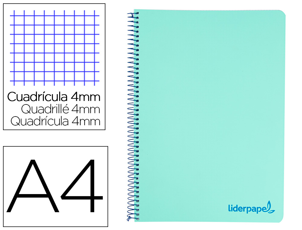 CUADERNO ESPIRAL LIDERPAPEL A4 WONDER TAPA PLASTICO 80H 90GR CUADRO 4MM CON MARGEN COLOR VERDE PASTEL TURQUESA