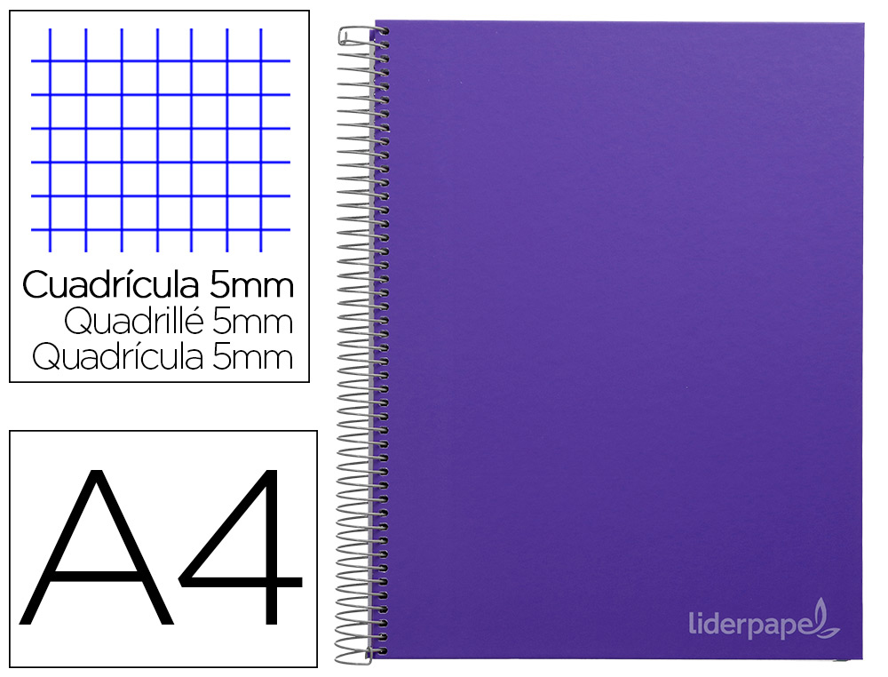 CUADERNO ESPIRAL LIDERPAPEL A4 MICRO JOLLY TAPA FORRADA 140H 75 GR CUADRO 5MM 5 BANDAS 4 TALADROS COLOR LILA