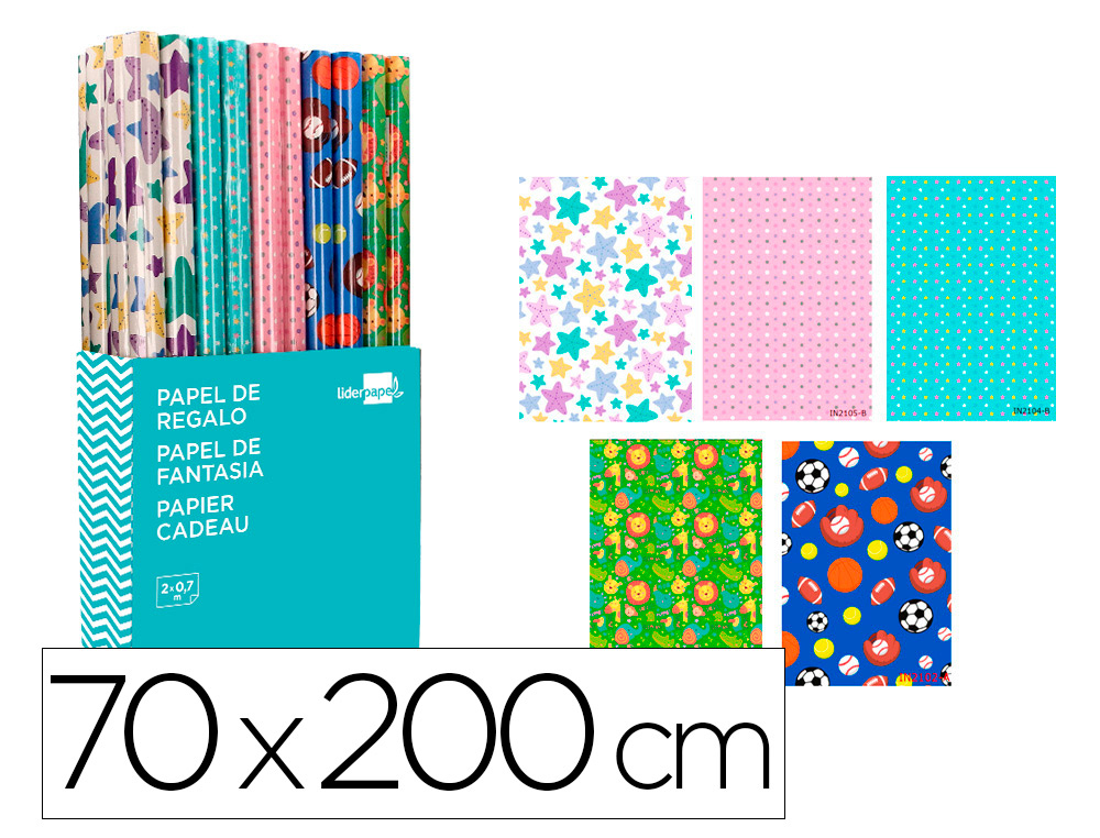 PAPEL DE REGALO LIDERPAPEL INFANTIL ROLLO ANCHO 70 CM LONGITUD 2 M MODELOS SURTIDOS GRAMAJE 60 GR