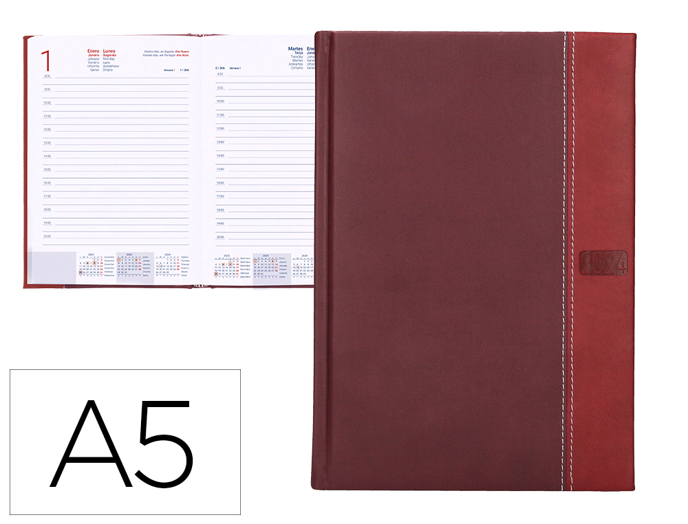 AGENDA ENCUADERNADA LIDERPAPEL CHATZI 15X21 CM 2024 DIA PAGINA COLOR BURDEOS PAPEL 70 GR