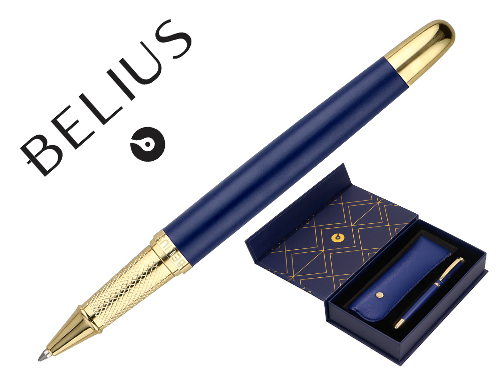 BOLIGRAFO Y ESTUCHE BELIUS SOIREE COLOR AZUL MARINO Y DORADO TINTA AZUL CAJA DE DISEO