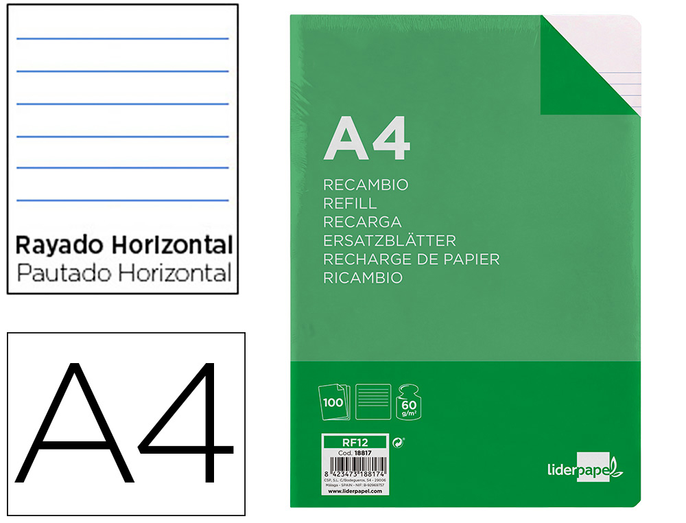 RECAMBIO LIDERPAPEL A4 100 HOJAS 60G/M2 HORIZONTAL SIN MARGEN 16 TALADROS