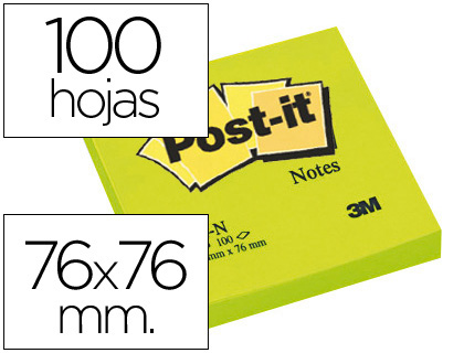 BLOC DE NOTAS ADHESIVAS QUITA Y PON POST-IT 76X76 MM VERDE NEON CON 100 HOJAS