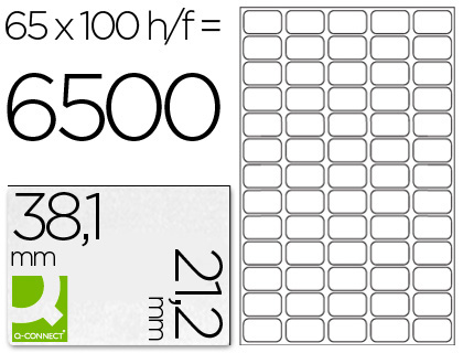 ETIQUETA ADHESIVA Q-CONNECT KF00573 -TAMAO 38,1X21,2 MM -FOTOCOPIADORA -LASER -INK-JET-CAJA CON 100 HOJAS DIN A4