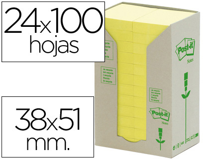 BLOC DE NOTAS ADHESIVAS QUITA Y PON RECICLADA EN TORRE POST-IT 38 X 51 MM 24 BLOCS 653 RECICLADO