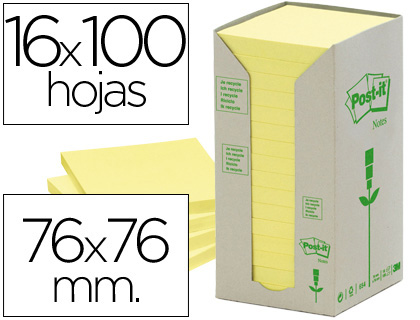 BLOC DE NOTAS ADHESIVAS QUITA Y PON RECICLADA EN TORRE POST-IT 76 X 76 MM 16 BLOCS 654 RECICLADO