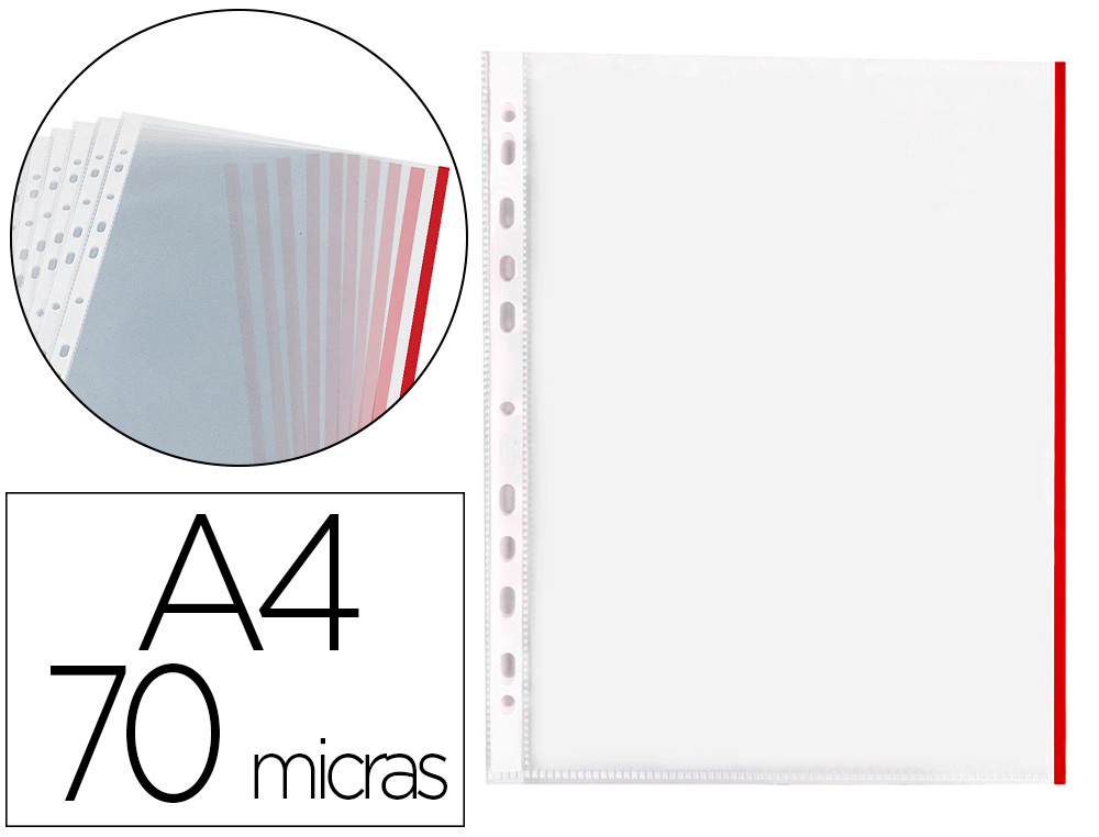 FUNDA MULTITALADRO Q-CONNECT DIN A4 70 MC PP CRISTAL CON BORDE ROJO BOLSA DE 10 UNIDADES