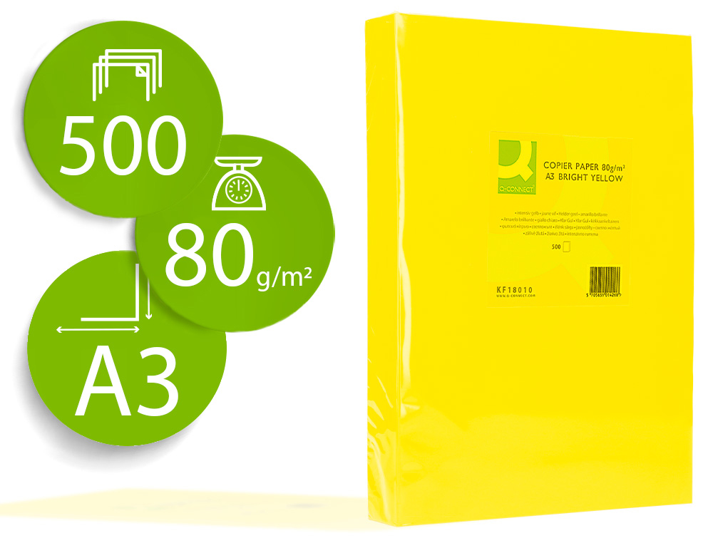 PAPEL COLOR Q-CONNECT DIN A3 80 GR AMARILLO INTENSO PAQUETE DE 500 HOJAS