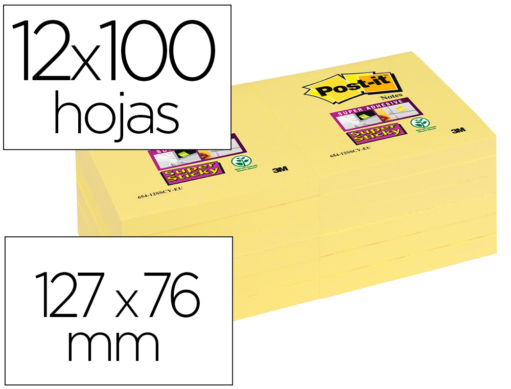 BLOC DE NOTAS ADHESIVAS QUITA Y PON POST-IT SUPER STICKY 76X127 MM CON 12 BLOC AMARILLO CANARIO