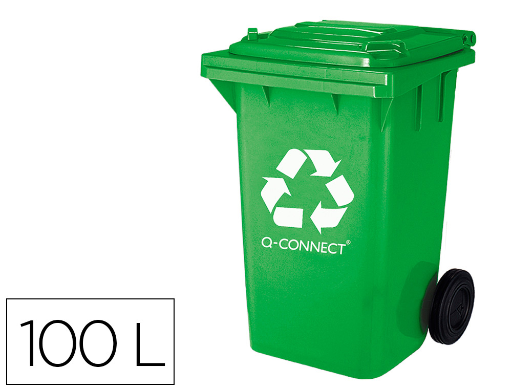 PAPELERA CONTENEDOR Q-CONNECT PLASTICO VERDE PARA ENVASES DE VIDRIO 100L CON TAPA Y RUEDAS 750X470X370 MM